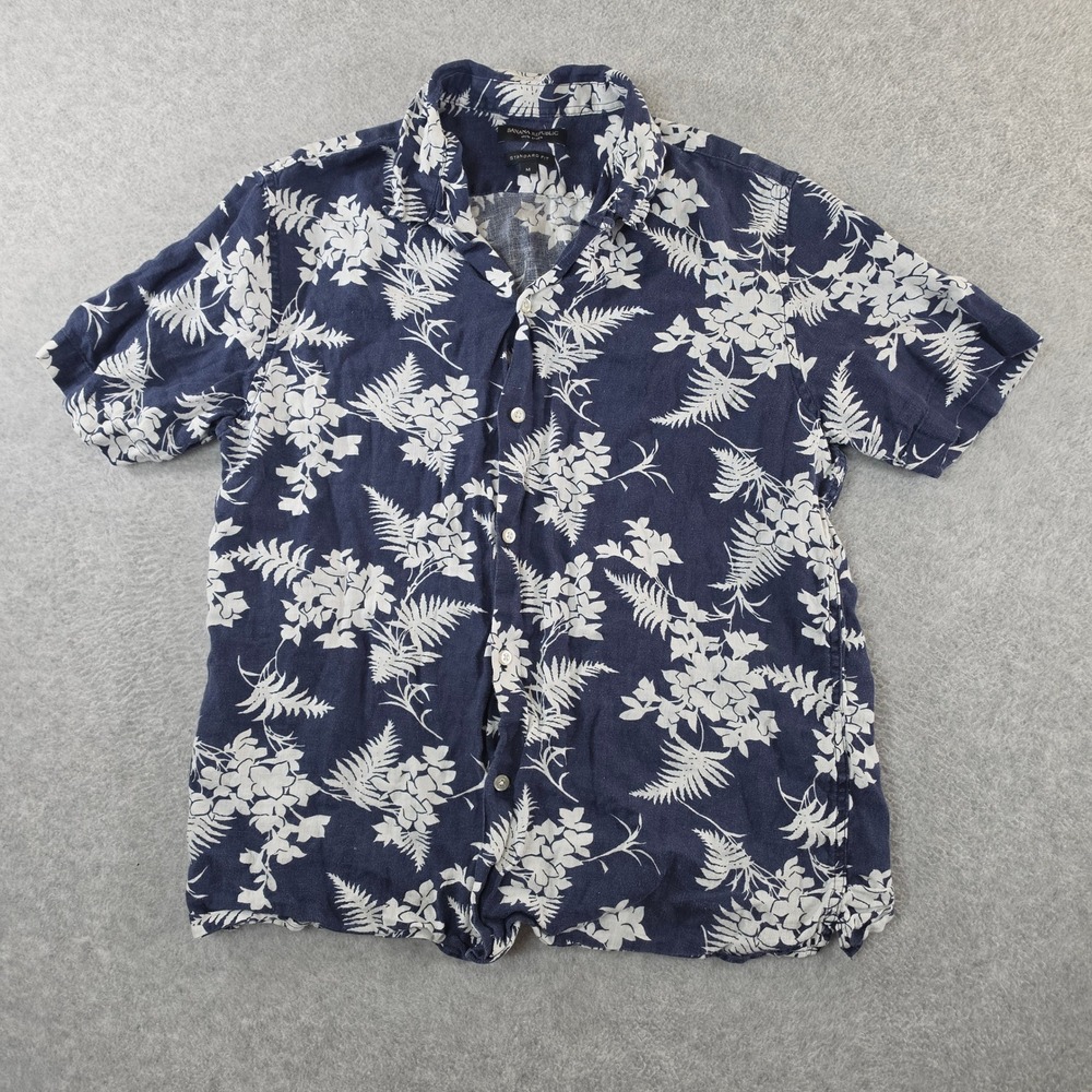 Banana Republic Mens M Navy White Floral 100% Linen Short Sleeve Button Up Shirt